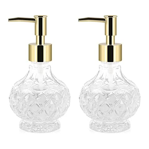 Retyion Glass Soap Dispenser Hand Soap Dispenser Soap Dispenser Bathroom with Rust Proof Pump for Kitchen Dish Soap, Hand Soap, Essential Oil & Lotion (2PCS New Gold) Cover