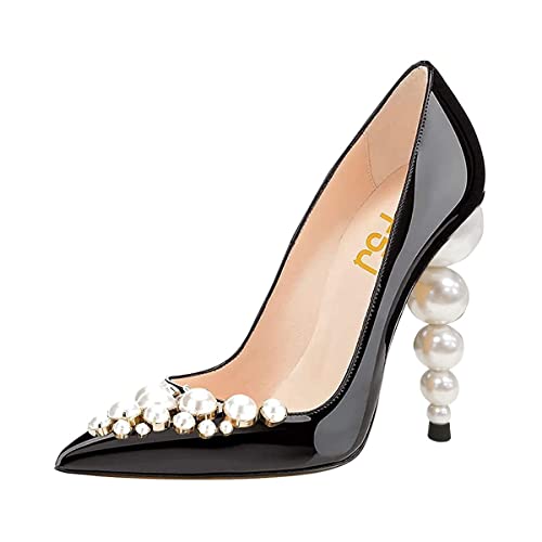 FSJ Slip On Pearls Beaded High Heels Slip On Pump Pointed Toe Mirror Effect Shiny Party Dress Club Shoes for Women Pearl 4-15 US