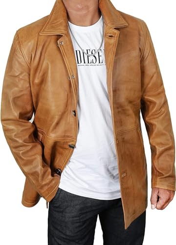 Mens Real Lambskin Leather Trench Coat - Men's 3/4 Quarter Length Vintage Motorcycle Jacket3