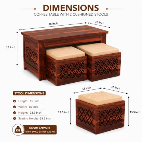 Image of Solid Sheesham Wooden Coffee Table with 2 Cushioned Stool|Teapoy Center Piece for Home Sofa Center Table for Living /Drawing Room,Hall|Space Saving Indoor Tea Table Set(Honey Finish) CNC