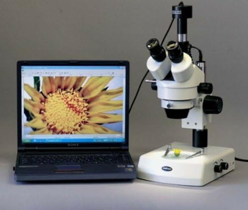 Image of Amscope SM-2TZ-M Digital Professional Trinocular Stereo Zoom Microscope, WH10x Eyepieces, 3.5X-90X Magnification, 0.7X-4.5X Zoom Objective, Upper and Lower Halogen Lighting, Pillar Stand, 110V-120V, Includes 0.5X and 2.0X Barlow Lenses and 1.3MP Camera with Reduction Lens and Software