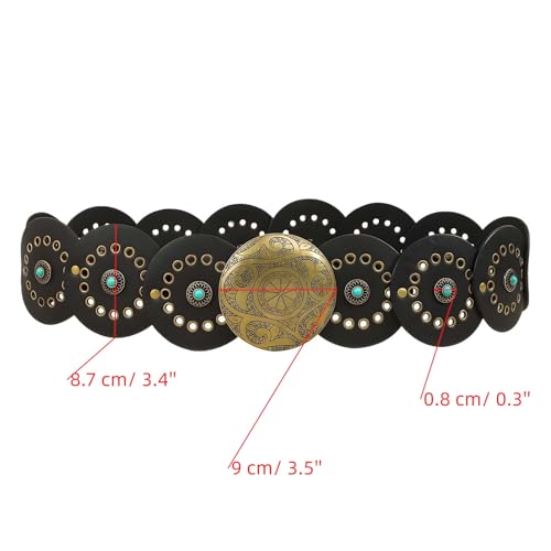 Women's Y2K Turquoise Wide Disc Belt Boho Leather Belt Western Chunky Waist Belt Cowboy Metal Buckle Concho Belts2