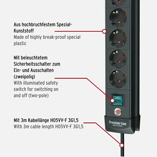 Brennenstuhl Premium-Line Stekkerdoos, 6-voudig (stekkerdoos met schakelaar en 3 m kabel - 45° hoek van de geaarde… - Image 4