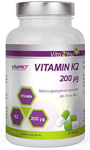 Vita2You Vitamina K2 - 200 ?g - 180 cápsulas - Menaquinona natural MK-7 > 99% All-Trans - Calidad Premium