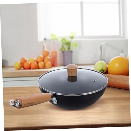 Wok pequeño de hierro sin recubrimiento con tapa y mango de madera miniatura 5