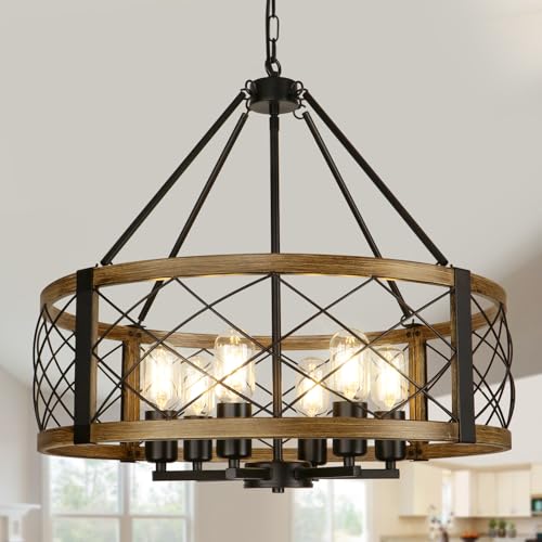 Modern Chandelier for Dining Room, 6-Light Wood Grain Finish Farmhouse