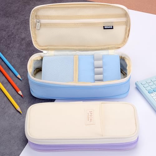 Image of Large Capacity Canvas Pencil Case Organizer Holder Pouch Bag with Zipper Compartments, Pen Cases for Women Girls School Adults (Beige /Blue)