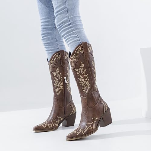 Image of ADAMUMU Womens Wide Calf Cowboy Boots Classic Western-Style Cowboys Boots for Women Pointed Toe Womens Cowgirl Boots with Chunky Heel Non-Slip Sole for Adding Timeless Elegance to Your Wardrobe
