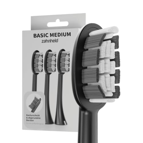 Zahnheld Bürstenkopf Basic Medium - 3 x Zahnbürstenköpfe für elektrische Zahnbürste Gero G2 und G3 - mittelharte Aufsteckbürsten für Schallzahnbürste für gründliche Alltagsreinigung - schwarz