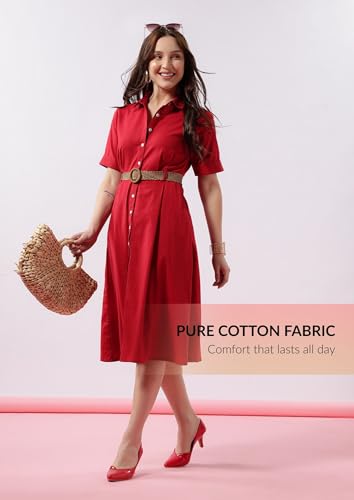 Image of FYLTR Women's Solid Midi Dress - 100% Cotton | Half Sleeve | Western Dress for Women | Office wear Dress (Belt Included)