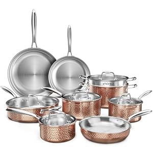 imarku Stainless Steel Pots and Pans Set, 14PCS Kitchen Cookware Sets with Lids, Non-Toxic Tri-Ply Clad Hammered Stainless Steel, Suits Ceramic and Induction, Oven and Dishwasher Safe, Rose Gold