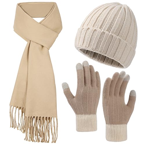 Winter Hat Beanie Long Scarf Touchscreen Gloves Set, 3Pcs Soft Thick Fleece Lined Gloves Skull Cap Scarf Set for Women Men