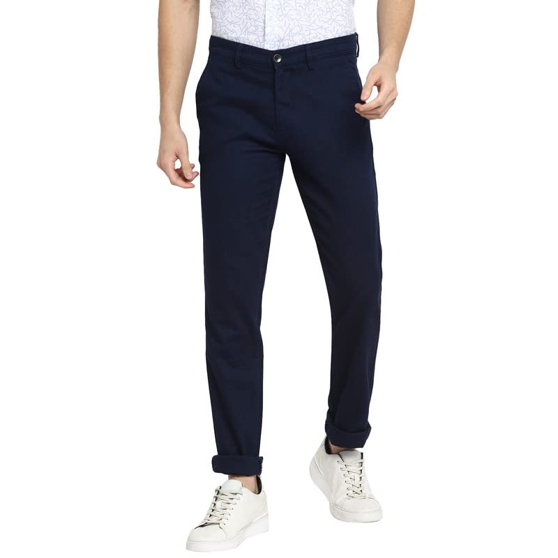 Image of Turtle Men Navy Blue Stretchable Ultra Slim Fit Self Design Casual Trousers