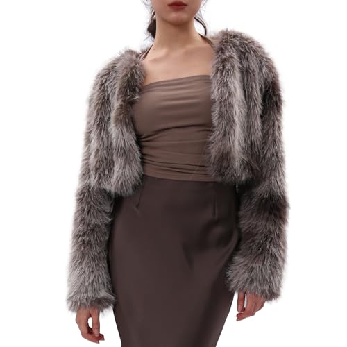 Amazhiyu Abrigo de piel sintética para mujer, chaqueta de invierno de manga larga, cuello redondo, frente abierto, cárdigan cálido de felpa, Tinte nudo, S