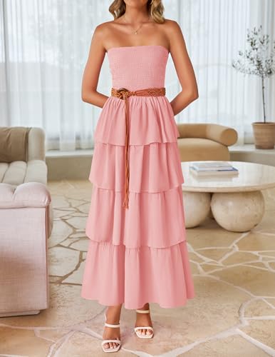 Image of ZESICA Women's Summer Boho Strapless Maxi Dress 2026 Casual Sleeveless Off Shoulder Smocked Tiered Beach Long Sundress