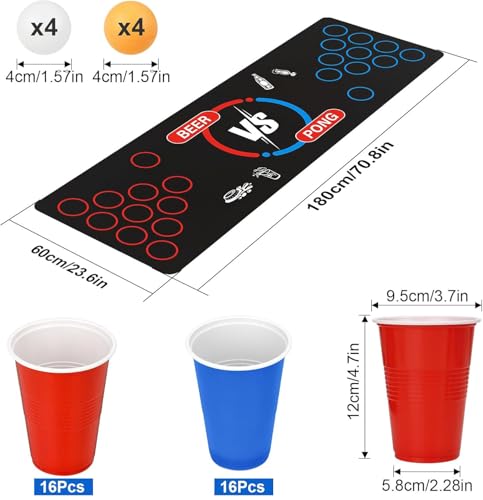 Bierpong Becher Set, Trinkspiel Tisch Matte Set, Beer Pong Becher Enthält 32 Becher (500ML) +8 Tischtennisbälle+Tischmatte, Wiederverwendbare, Für Party Trinkspiele Camping Geburtstag Hochzeit