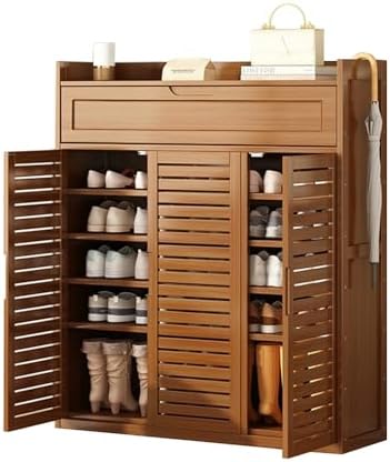 7 Tier Bamboo Shoe Cabinet, Storage Cabinet with Drawers Narrow Shoe Cabinet New Boot Space Freestanding Shoe Rack Louvered Door Design Breathable Odor Dissipating Suitable for Balcony Foyer