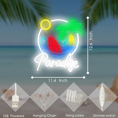 Image of Palm Tree Paradise Neon Sign - Tropical Neon Lights Wall Decor for Bedroom, Living Room, Bar, Party, or Home Office - Relaxing Summer Vibes LED Light