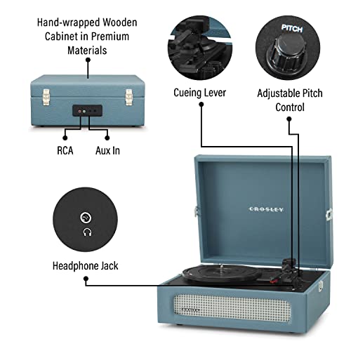 Image of Crosley CR8017B-WB Voyager Record Player, Washed Blue | 3-Speed Turntable, Bluetooth In / Out, Built-in Full-Range Stereo Speakers, Adjustable Pitch Control