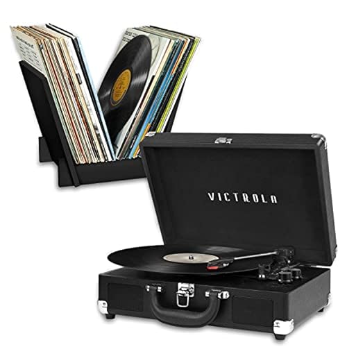 Image of Victrola Journey + Bluetooth Suitcase Record Player with Matching Bridge Stand & Built-In Speakers - 3 Speed Vinyl Record Player, RCA Out, Headphone Jack, Vinyl Stream (Black)