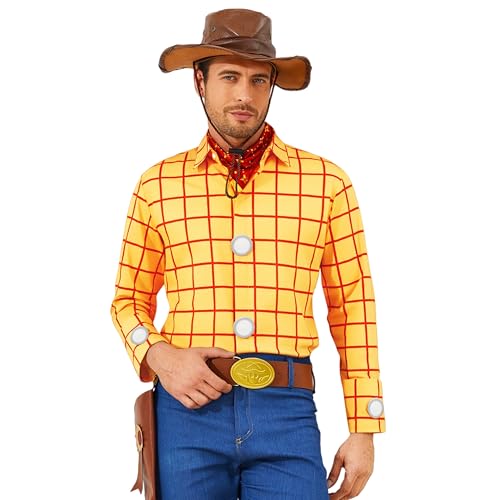 Cowboy Shirt Mens Plaid Button Down Shirt Long Sleeve Work Casual Shirt Halloween Cosplay Costume for Adult L Yellow