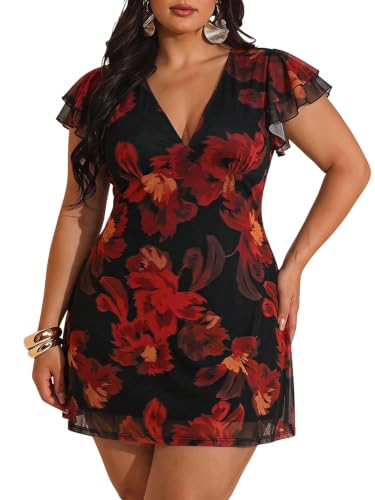 Image of BEAUDRM Women's Plus Size Cocktail Floral Short Dress Wedding Guest Dresses