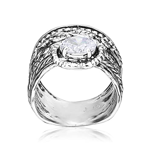 925 Sterling Silver Ring With White Cubic Zirconia Oval Shape Prong, Multiple Bands Rich Stack Look, Hypoallergenic, Nickel And Lead-Free, Artisan Handcrafted Designer Collection, Made In Israel #TOP4