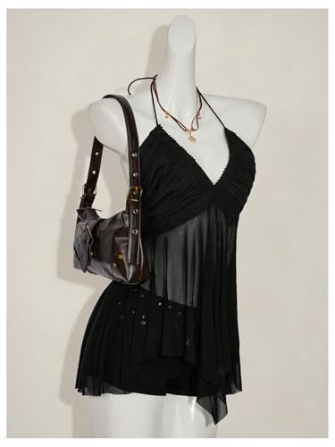 Milumia Women's Ruffle Sheer Halter Tops Ruched V Neck Backless Party Rave Cami Tops4