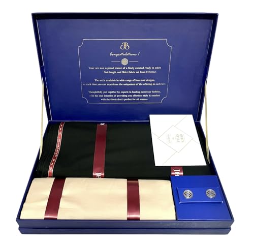 Image of JHABAK'S Men's 100% Pure Cotton Unstitched 1.7 Meters Shirt Piece - 3.25 Meters Suit Fabric Set with Cufflinks (Multicolour, All Weather Fabric, Attractive Box)