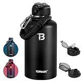 TOPBADE Edelstahl Trinkflasche Sport 1900ml, Isolierte Wasserflasche mit 2 Deckel (Strohhalm & no Strohhalm), BPA-freie 1,9 Liter Metal Sportflasche für Fitnessstudio, Bodybuilding, Outdoor