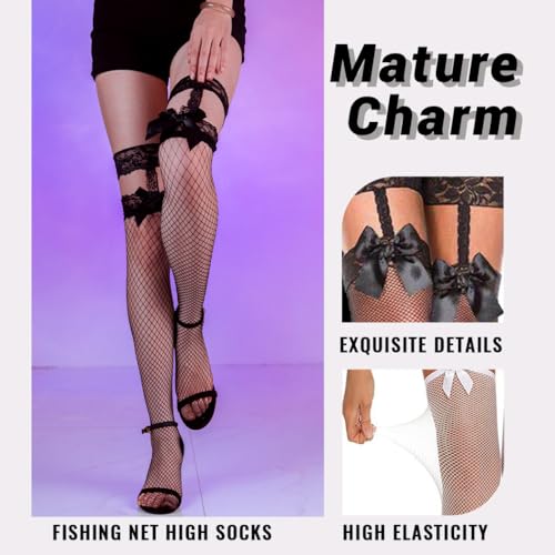 Image of 2 Pairs Bow Fishnet Thigh High Stockings Lace Mesh Tights Cosplay for Women