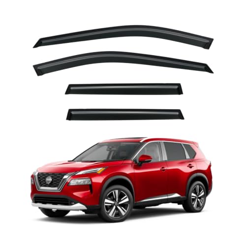 Image of Rain Guards Window Visor for 2021-2026 Nissan Rogue Out-Channel | Shields Vent Deflector Shade Wind Dark Smoke 2022 2023 2024 2025 21 22 23 24 25 26, Tape-On Outside-Mount, 4PCS