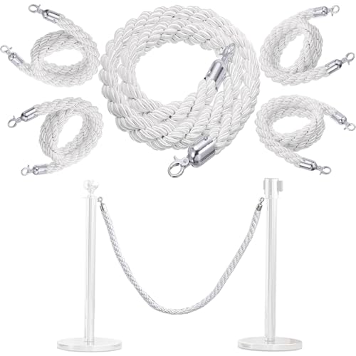 Poteaux de guidage blancs et or avec cordes de chanvre tressées pour file d'attente (Lot de 5)