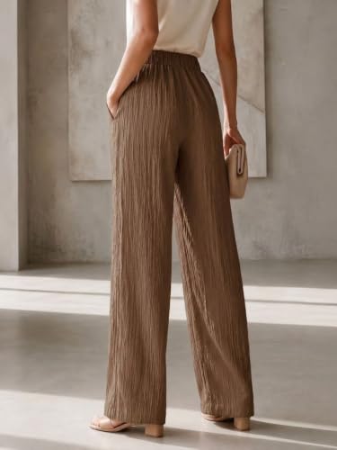 Image of Women's High Waist Wide Leg Trousers | Textured Crinkle Palazzo Pants | Elastic Waist Casual Formal Office Wear Trousers | Comfortable Lightweight Bottom Wear for Women