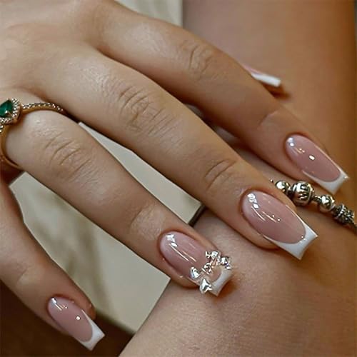 Medium Press on Nails Square Fake Nails Blue Ombre False Nails with Gold Designs Artificial Nails Cute Glossy Stick on Nails for Women 24Pcs