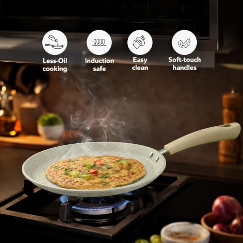Image of Milton Pro Cook Induction Cookware & Gas Friendly Ceramic Non-Stick Omni Tawa 26 cm | KFCC South Korean Coating Dosa Tawa | Flat Tawa | PFOA & PFAS Free | Healthy Low-Oil Cooking | 2Y Warranty | Cream