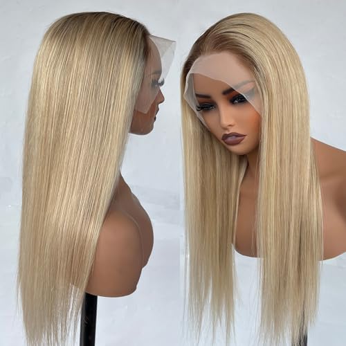 Image of Munx 13x6 Balayage Highlight Lace Front Wig Human Hair Pre Plucked, Ash Blonde Human Hair Wigs Thick 180 Density HD Transparent Glueless Lace Frontal Wig for Women 20in