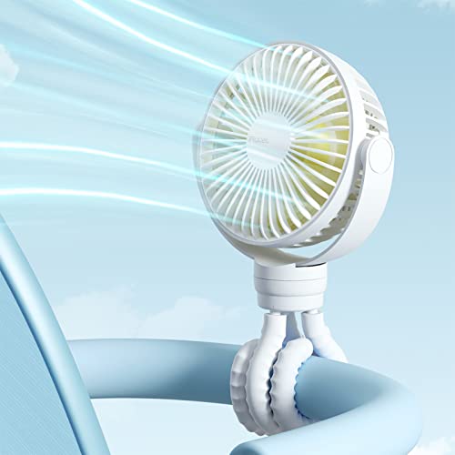 Image of JISULIFE Portable Stroller Fan 4000mAh Battery Operated with 4 Speeds, USB Rechargeable Mini Fan with 360Rotatable Flexible Tripod for Handheld /Desk /Car Seat /Treadmill /Travel -Starlight White