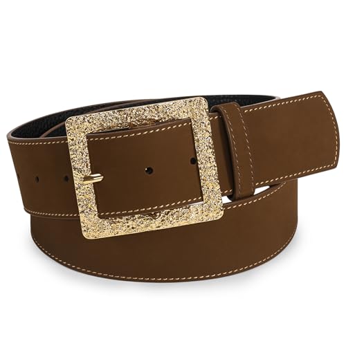 wolksprong Womens 1.75 Inch Wide Suede Leather Belt with Gold Buckle Trendy Chunky Waist Belt for Jeans Dresses & Trench Coats (Brown Fit Waist Size 28-32)