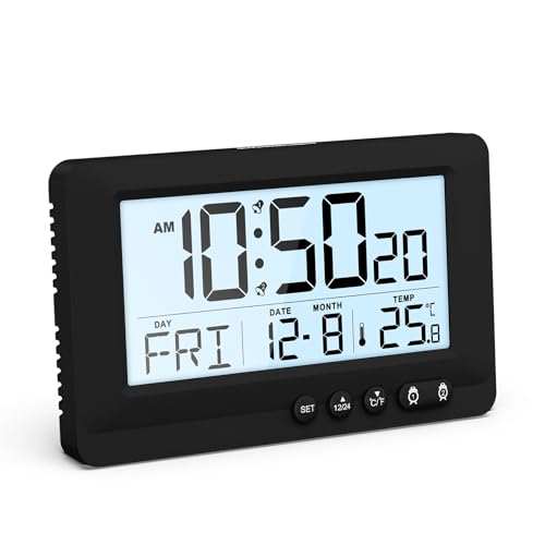 AMIR Travel Alarm Clock, LCD Display Digital Clock, 5-Minute Snooze, 5-Second Backlight, 2 Alarms, Low Battery Alert, Alarm Clock for Bedroom,Office,Travel (Batteries Not Included)