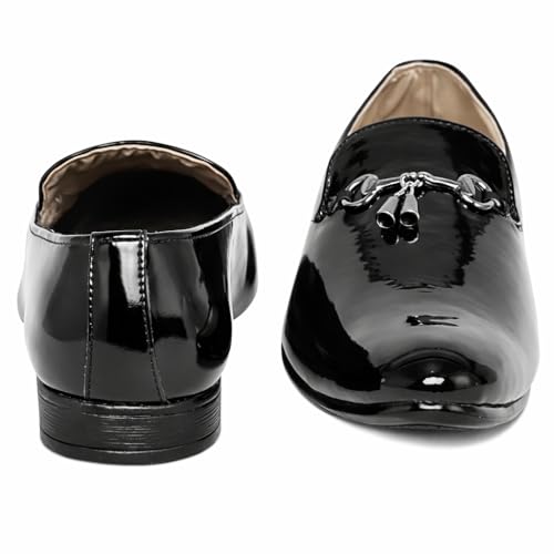 Image of Men's Black Patent Leather Loafers | Slip-On Formal Shoes with Metal Horsebit | Cushioned Insole for All-Day Comfort | Party, Office