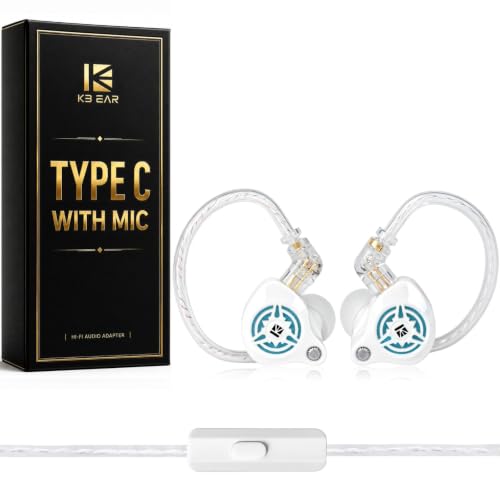 KB EAR IEM, kabelgebundene Gaming-Ohrhörer, 1DD, HiFi-Kopfhörer mit abnehmbarem 2-Pin-C-Kabel für Gamer/Musiker (Weiß, Typ C mit Mikrofon)
