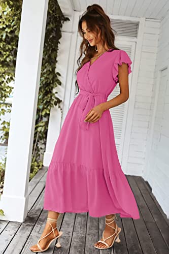Image of PRETTYGARDEN 2023 Women's Floral Summer Dress V Neck Short Sleeve Ruffle Hem A-Line Boho Maxi Dresses
