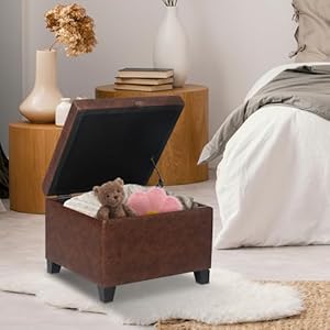 Asense 17 inch square storage ottomansmall foot rest stool for couch faux leather upholstered footstool cube for entryway bedroom living room rust brown  urban country home decor