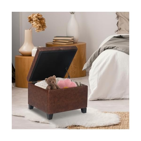 Asense 17 inch square storage ottomansmall foot rest stool for couch faux leather upholstered footstool cube for entryway bedroom living room rust brown  urban country home decor