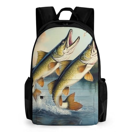 Supdreamc Men Women Polyester Two Bass Fish Jumping Out Of Water Painting Casual Daypack Large Capacity Carry On Bag With Adjustable Shoulder Straps for Camping Work Running