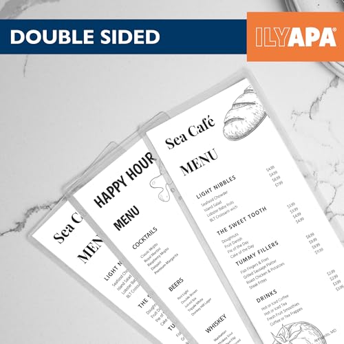 Image of Ilyapa Restaurant Menu Covers 4.25 x 11 Inch - 30 Pack, Single Page, 2 View Clear Sleeves Holder for Restaurant, Durable PVC Hard Plastic Menu Holder | Durable PVC Plastic Sheet Protector, For Restaurant Menu Display, Double-Stitched Edges