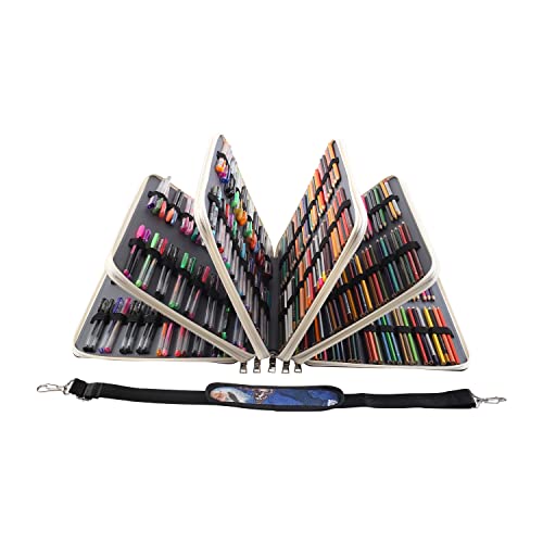 Image of Pencil Case Slot Holds 500 Colored Pencils or 340 Color Gel Pens with Zipper Closure Large Capacity Retro Style Element Pattern Pen Organizer Bag with Shoulder Strap (Dark Blue)
