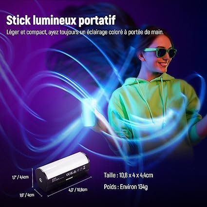 NEEWER Bâton Lumineux Magnétique Portable RGB - Mini LED Vidéo 360° Avec App, 2500K-8500K, Batterie 2550mAh