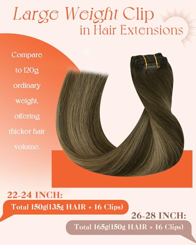 Image of Sunny Hair Clip in Hair Extensions Real Human Hair Brown 26 Inch 165g | Real Hair Clip in Extensions Human Hair Balayage, Extra Long Hair and Fuller Ends with Soft Shiny Hair for Prom Hairstyles